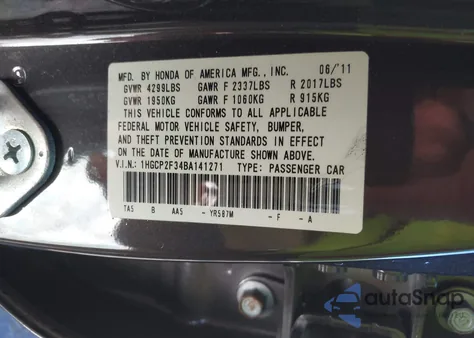 2011 Honda Accord 2.4 Lx из США, поврежденный, VIN 1HGCP2F34BA141271